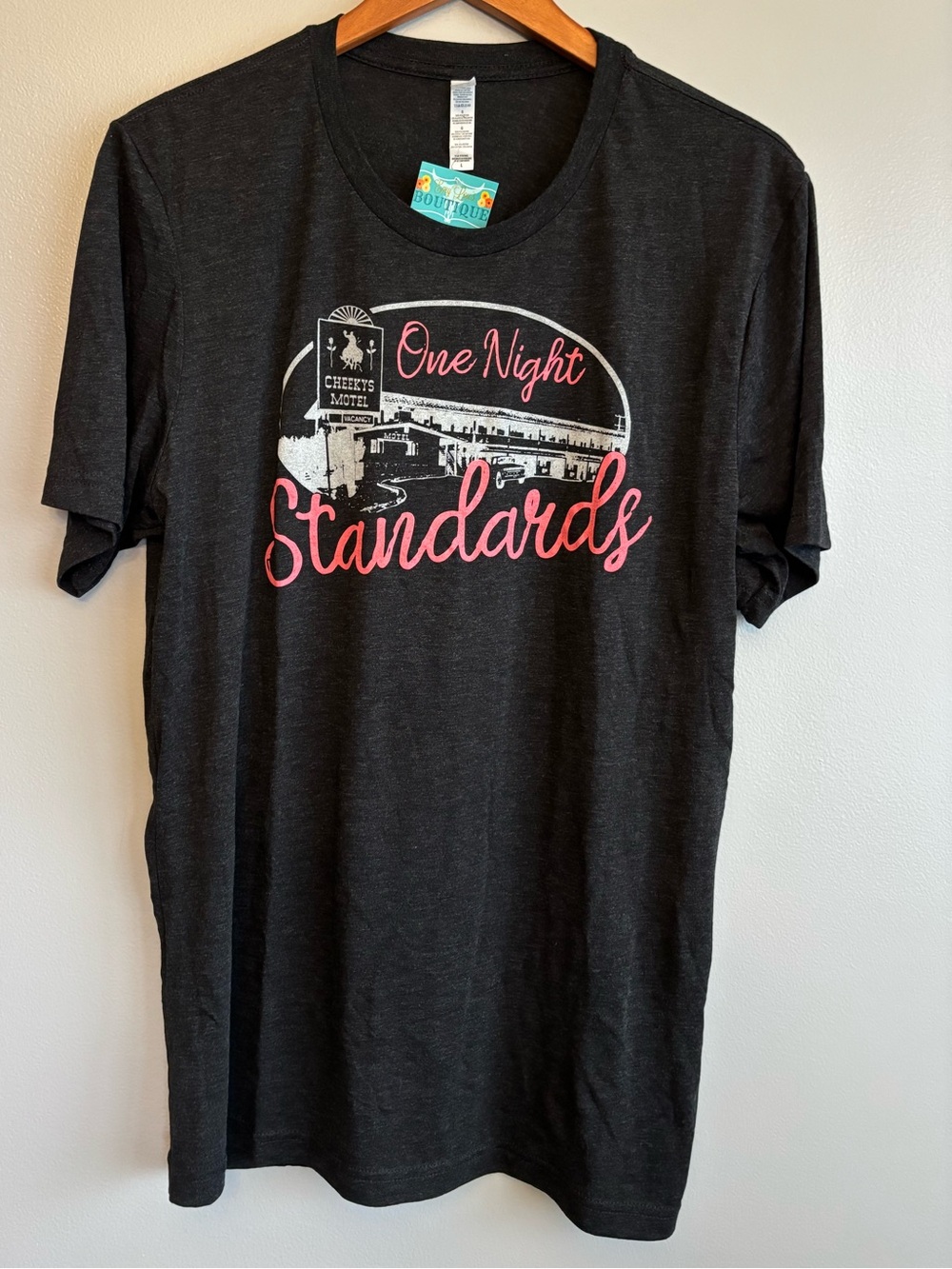One Night Standards Short Sleeve Tee Ladies Large NWT Boutique Heather Charcoal